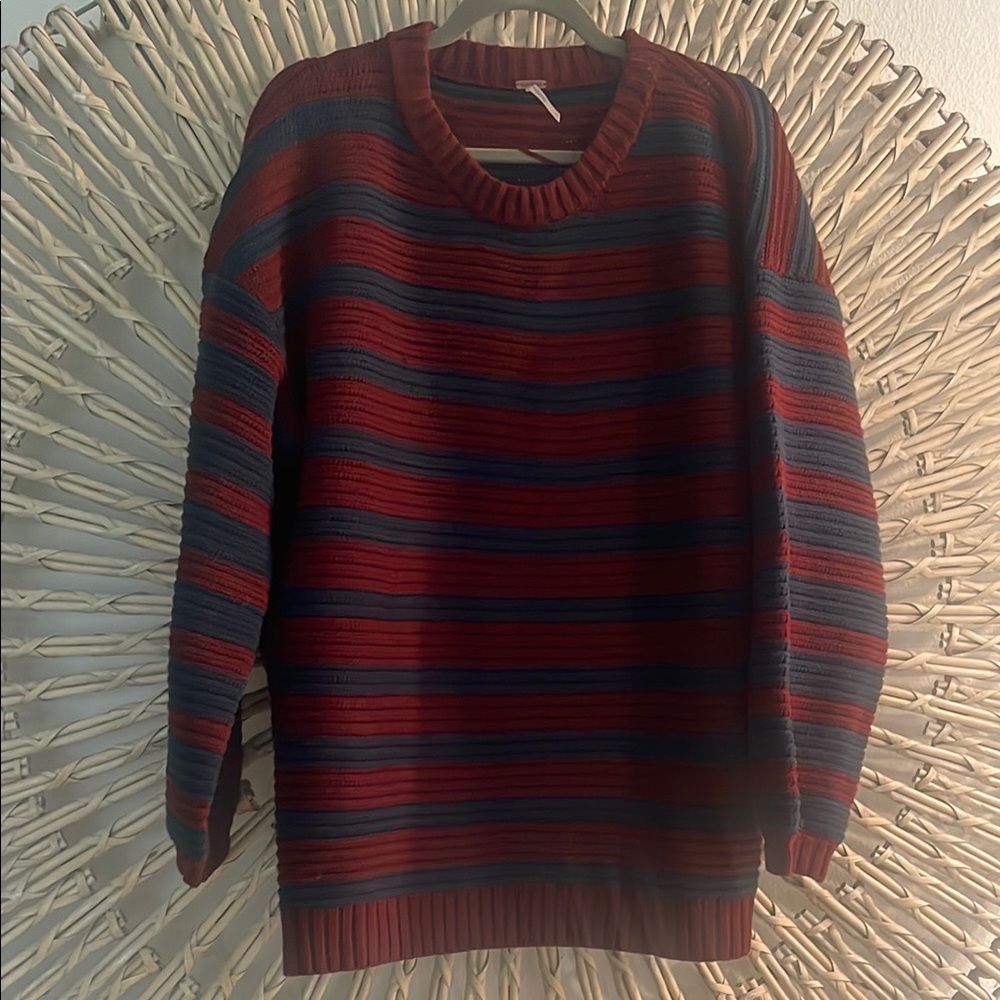 Free People Red and Blue Crew Neck Sweater